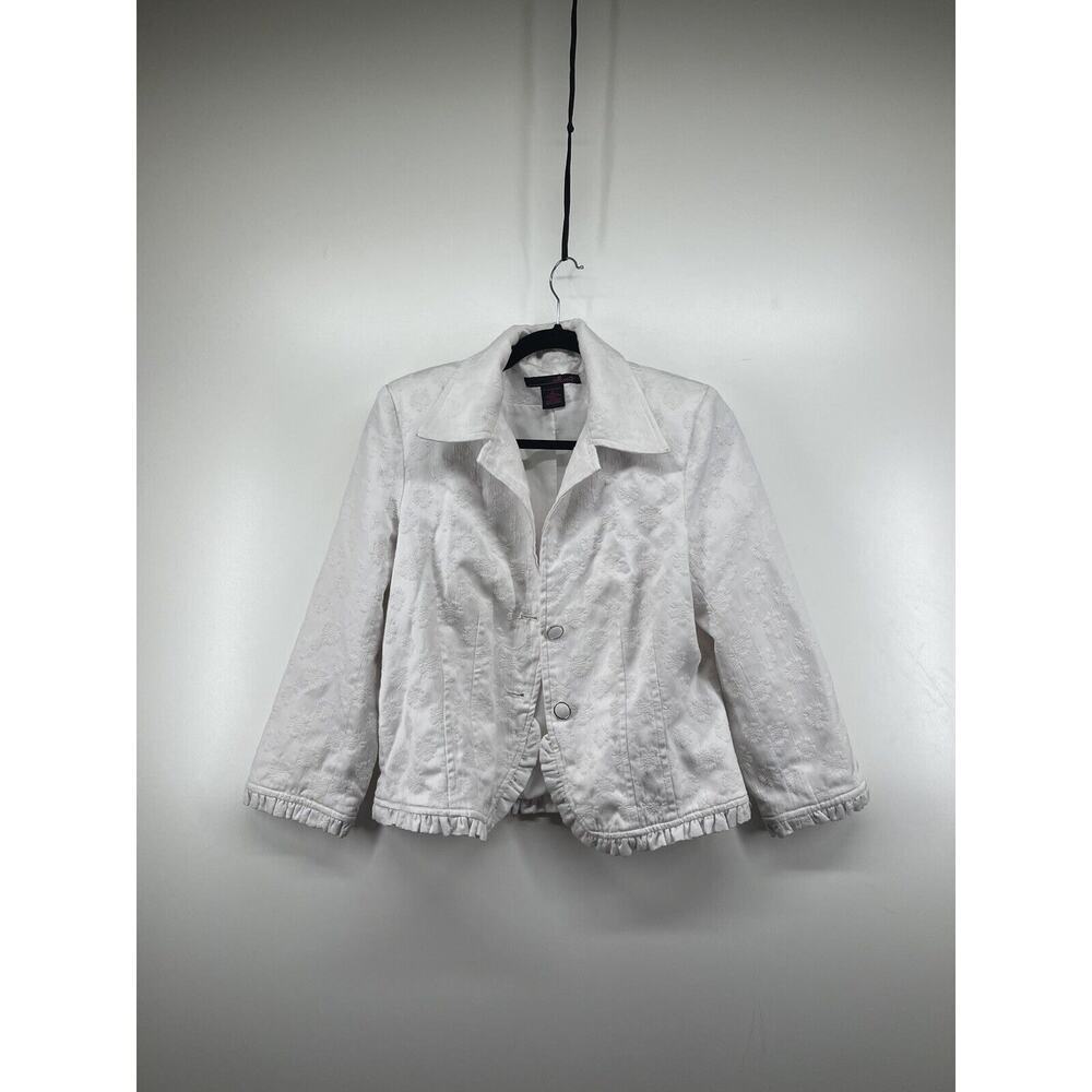 Willi Smith Blazer Jackals Jacket Womens Sz 12 White Floral Ruffle Hem Pads READ